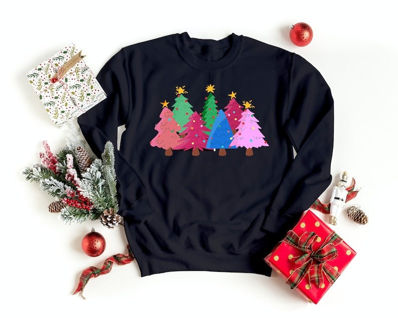 Christmas Pink Trees Crewneck Jumper, Christmas Matching Family Sweatshirt, Pink Xmas Trees Decorated Design Print Sweater, Comfy Unisex Top