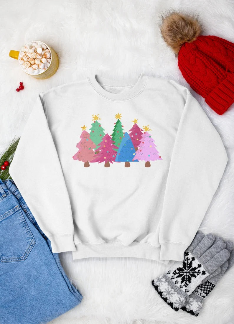 Christmas Pink Trees Crewneck Jumper, Christmas Matching Family Sweatshirt, Pink Xmas Trees Decorated Design Print Sweater, Comfy Unisex Top