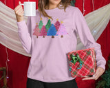 Christmas Pink Trees Crewneck Jumper, Christmas Matching Family Sweatshirt, Pink Xmas Trees Decorated Design Print Sweater, Comfy Unisex Top