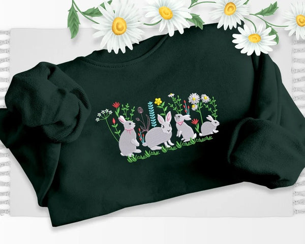 Aesthetic Rabbits Sweatshirt, Embroidered Flowers Crewneck Sweater, Cute Animal Embroidery Pullover Jumper, Birthday Gift, Nature Lover Gift