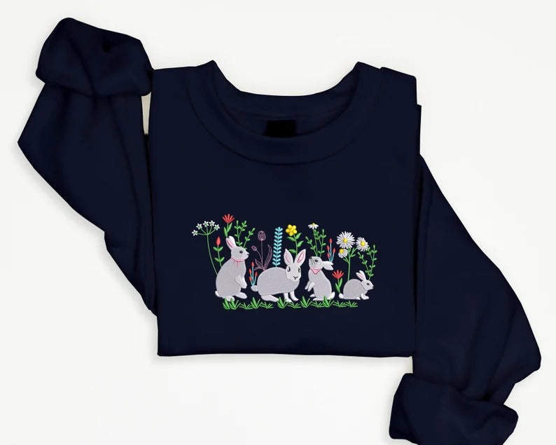 Aesthetic Rabbits Sweatshirt, Embroidered Flowers Crewneck Sweater, Cute Animal Embroidery Pullover Jumper, Birthday Gift, Nature Lover Gift