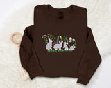 Aesthetic Rabbits Sweatshirt, Embroidered Flowers Crewneck Sweater, Cute Animal Embroidery Pullover Jumper, Birthday Gift, Nature Lover Gift