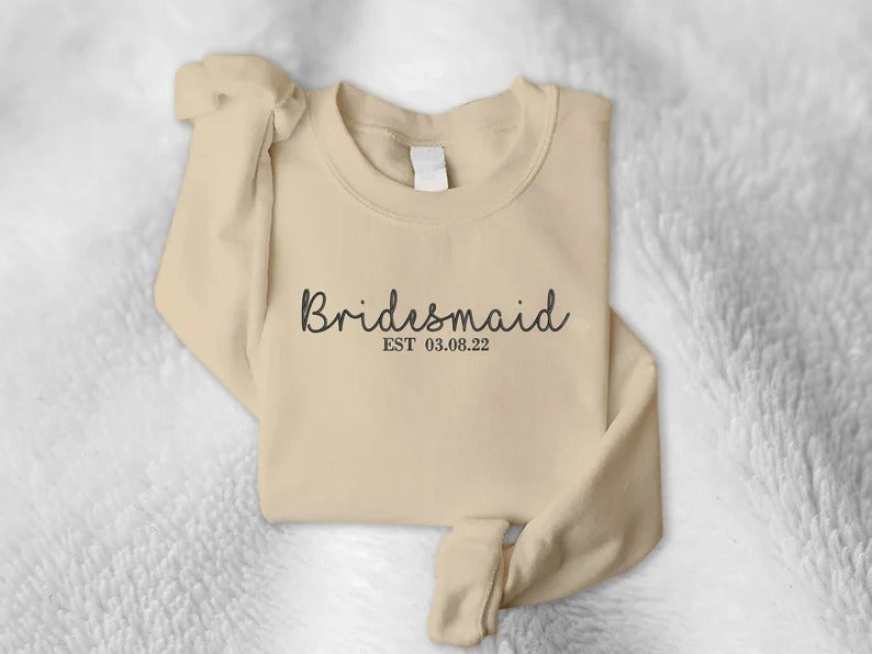 Bride and Bridesmaid Sweatshirt, Personalised Maid of Honor Embroidered Sweater, Bridal Party Jumper, Honeymoon Wedding Present Wifey Top