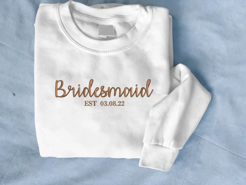 Bride and Bridesmaid Sweatshirt, Personalised Maid of Honor Embroidered Sweater, Bridal Party Jumper, Honeymoon Wedding Present Wifey Top