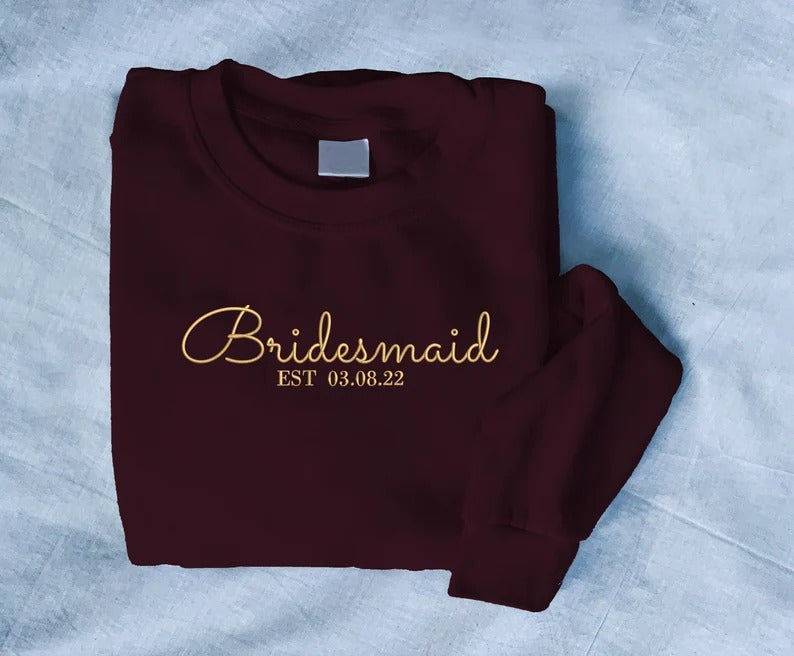 Bride and Bridesmaid Sweatshirt, Personalised Maid of Honor Embroidered Sweater, Bridal Party Jumper, Honeymoon Wedding Present Wifey Top