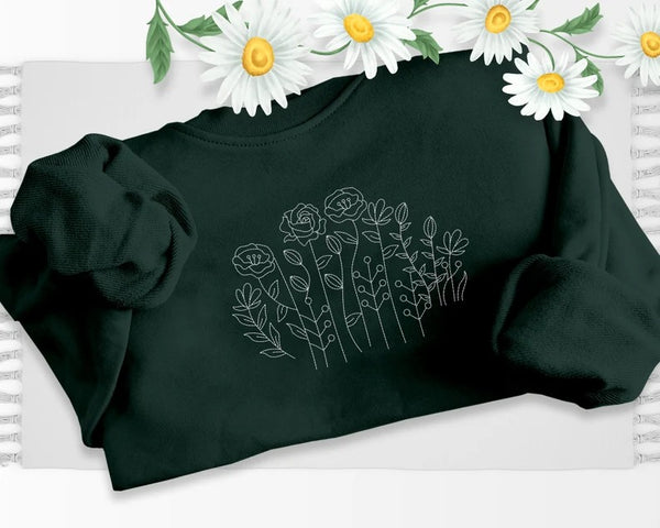 Embroidered Wildflowers Sweatshirt, Cottagecore Floral Crewneck Sweater, Aesthetic Birth Flowers Jumper, Special Birthday Gift For Wife Nana