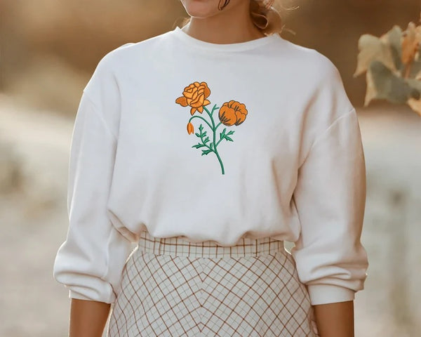 Embroidered Flower Vintage Sweater, Cottagecore Embroider Poppy Flower Plant Crewneck Sweatshirt, Gardening Nature Lovers Top, Gift for Her