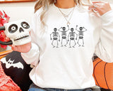 Embroidered Sweatshirt, Dainty Skeleton Halloween Crewneck Jumper, Dancing Skull Cool Bony Structure Cool Sweater