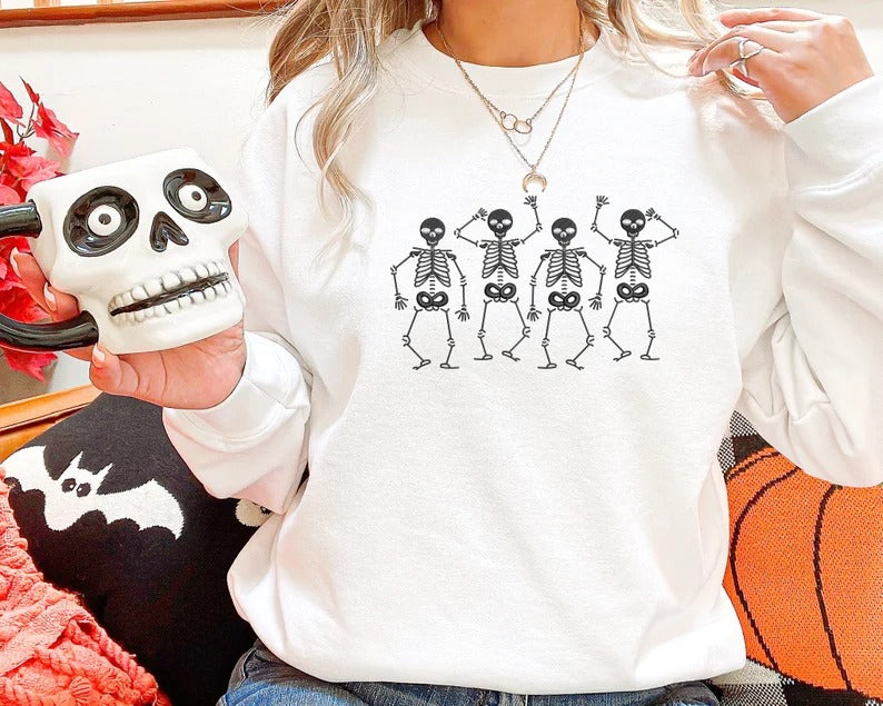 Embroidered Sweatshirt, Dainty Skeleton Halloween Crewneck Jumper, Dancing Skull Cool Bony Structure Cool Sweater