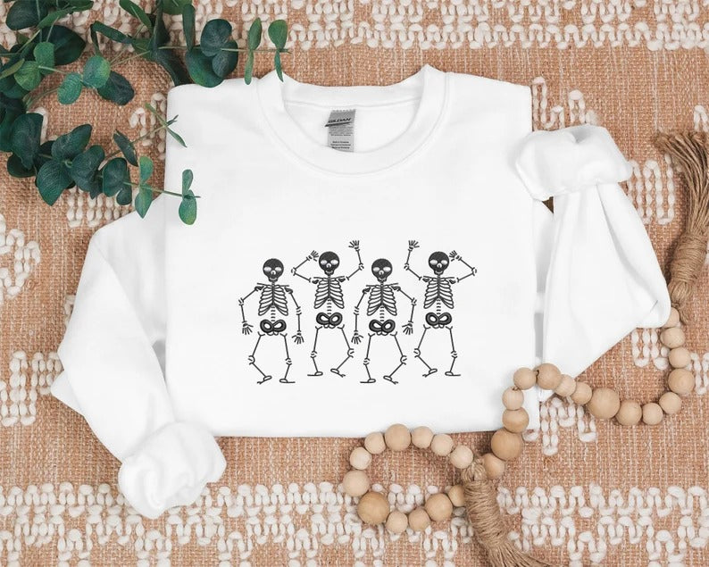 Embroidered Sweatshirt, Dainty Skeleton Halloween Crewneck Jumper, Dancing Skull Cool Bony Structure Cool Sweater