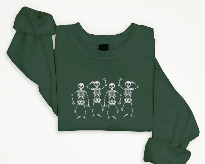 Embroidered Sweatshirt, Dainty Skeleton Halloween Crewneck Jumper, Dancing Skull Cool Bony Structure Cool Sweater