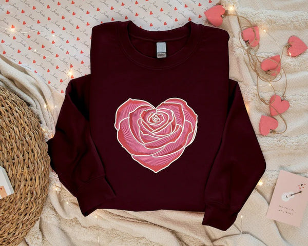 Embroidered Rose Heart Crewneck Sweater, Matching Couple Valentines Sweatshirt, Floral Love Heart Jumper, Special Valentines Matching Outfit