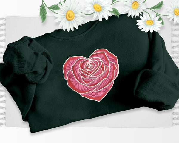 Embroidered Rose Heart Crewneck Sweater, Matching Couple Valentines Sweatshirt, Floral Love Heart Jumper, Special Valentines Matching Outfit