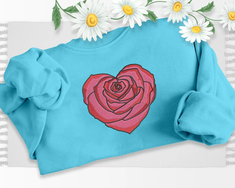 Embroidered Rose Heart Crewneck Sweater, Matching Couple Valentines Sweatshirt, Floral Love Heart Jumper, Special Valentines Matching Outfit