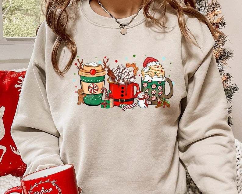 Christmas Sweater, Christmas Coffee Sweatshirt, Xmas Party Drinks Printed Sweatshirt, Aesthetic Minimalist Jumper, Coffee Lover Xmas Gifts