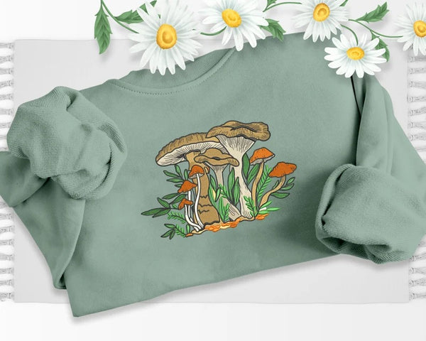 Embroidered Mushroom Sweatshirt, Aesthetic Magic Mushroom Flower Nature Sweater, Cottagecore Wild Forest Shroom Jumper, Nature Lover Gift