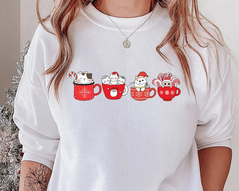 Christmas Cat Sweatshirt, Xmas Matching Crewneck Sweater, Christmas Cute Kitten & Coffee Mugs Jumper, Christmas Cat Mom Top