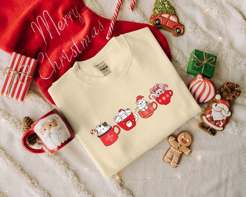 Christmas Cat Sweatshirt, Xmas Matching Crewneck Sweater, Christmas Cute Kitten & Coffee Mugs Jumper, Christmas Cat Mom Top