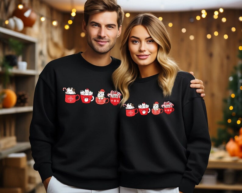 Christmas Cat Sweatshirt, Xmas Matching Crewneck Sweater, Christmas Cute Kitten & Coffee Mugs Jumper, Christmas Cat Mom Top