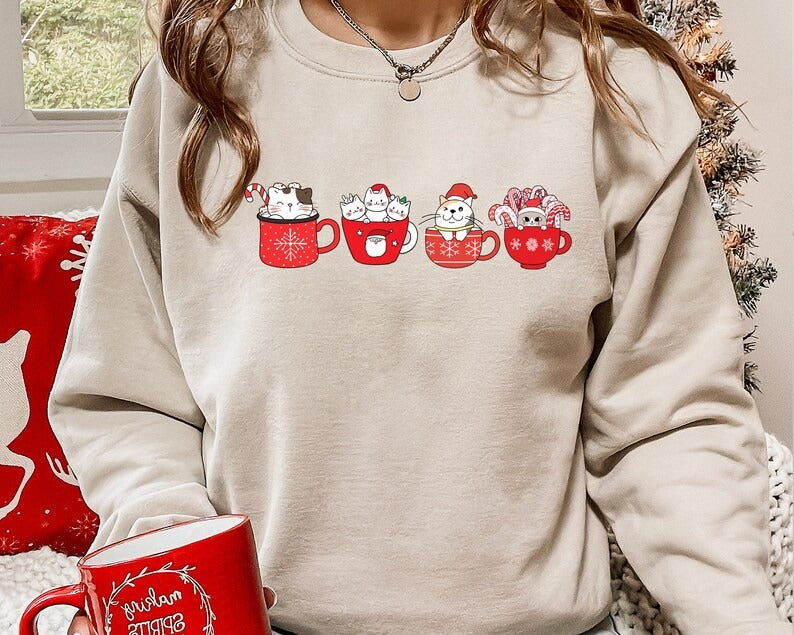 Christmas Cat Sweatshirt, Xmas Matching Crewneck Sweater, Christmas Cute Kitten & Coffee Mugs Jumper, Christmas Cat Mom Top