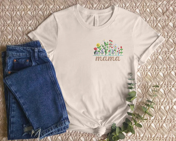 Mothers Day Floral Tshirt, Embroidered Custom Name With Flowers Shirt, Aesthetic Wildflowers Embroidery, Cottagecore Clothing, Unisex Shirt