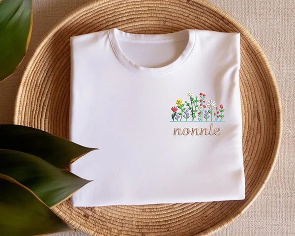 Mothers Day Floral Tshirt, Embroidered Custom Name With Flowers Shirt, Aesthetic Wildflowers Embroidery, Cottagecore Clothing, Unisex Shirt