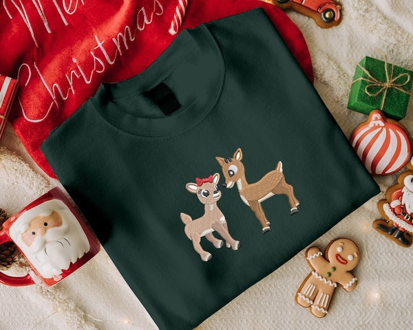 Embroidered Christmas Reindeer Sweater, Christmas Family Matching reindeer Sweatshirt, Cute Baby Deers jumper, Couple Matching Xmas Outfits