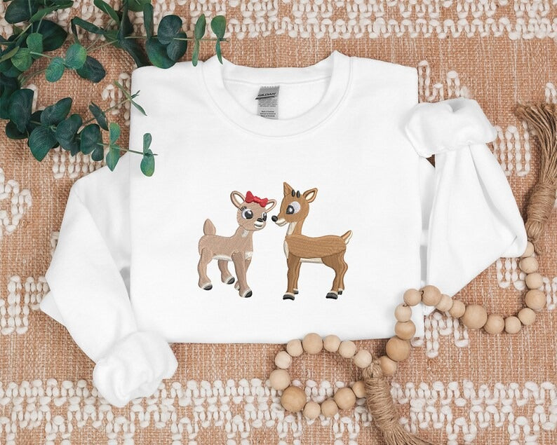 Embroidered Christmas Reindeer Sweater, Christmas Family Matching reindeer Sweatshirt, Cute Baby Deers jumper, Couple Matching Xmas Outfits