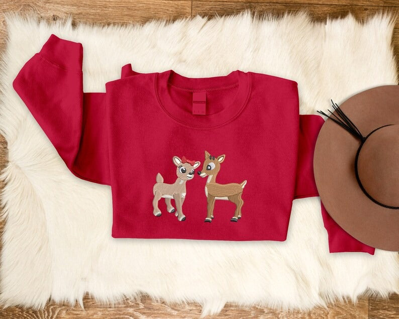 Embroidered Christmas Reindeer Sweater, Christmas Family Matching reindeer Sweatshirt, Cute Baby Deers jumper, Couple Matching Xmas Outfits