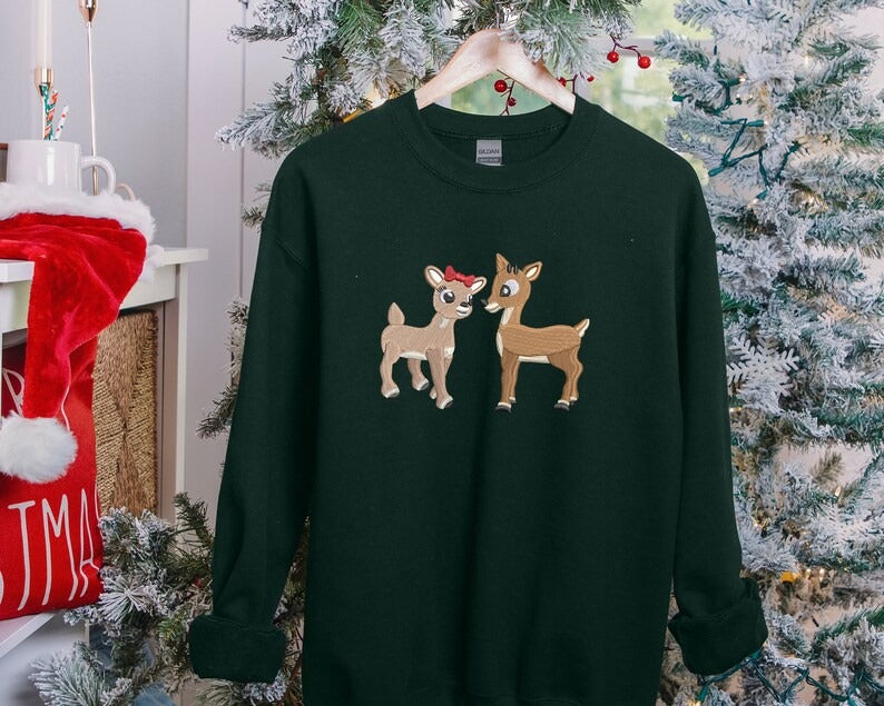 Embroidered Christmas Reindeer Sweater, Christmas Family Matching reindeer Sweatshirt, Cute Baby Deers jumper, Couple Matching Xmas Outfits