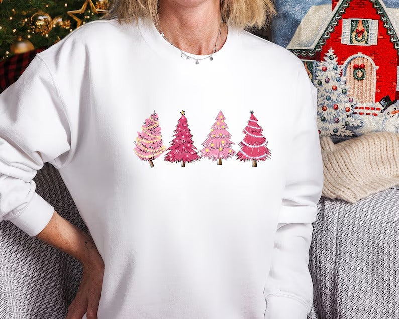 Christmas Tree Jumper, Christmas Crewneck Sweatshirt, Xmas Women Matching Pink Trees Minimalist Sweater, Christmas Eve Holiday Party Gifts