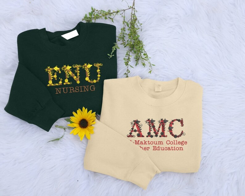 Personalised College Sweatshirts, College Floral Embroidery Jumper, Custom Name with Initials University Sweaters, Special Graduation Gifts