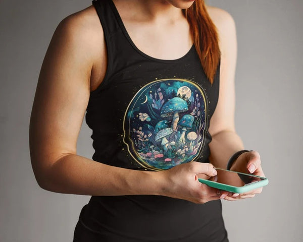 Magical Mushroom Graphic Women Tank Top, Mushroom Mystical Art Sleeveless Summer Tops, Boho Forest Nature Print Ladies Gym Racerback Tank