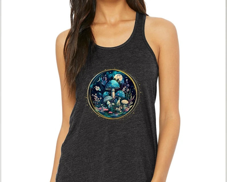 Magical Mushroom Graphic Women Tank Top, Mushroom Mystical Art Sleeveless Summer Tops, Boho Forest Nature Print Ladies Gym Racerback Tank