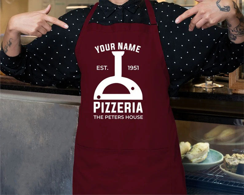 Personalised Pizza Apron, Pizza Baking BBQ Apron, Custom Name Printed Unisex Gift Apron, Oven Cooking Chef with Pockets Kitchen Baking Apron