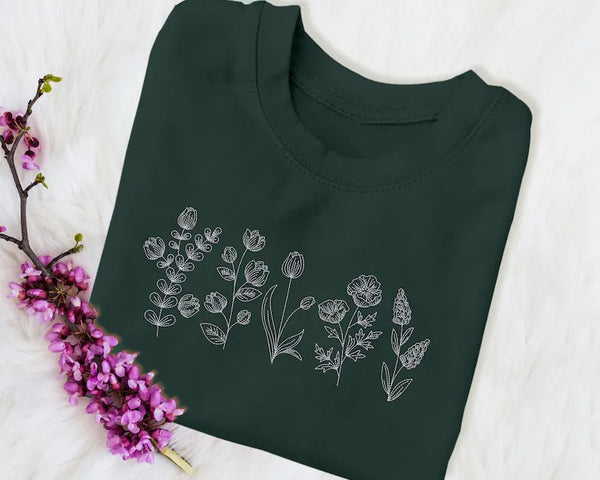 Flower Sweatshirt, Wildflowers Embroidered Crewneck Sweatshirt, Unisex Sweater, Birth Month Flowers Cottagecore Plants Jumper, Gift for Her