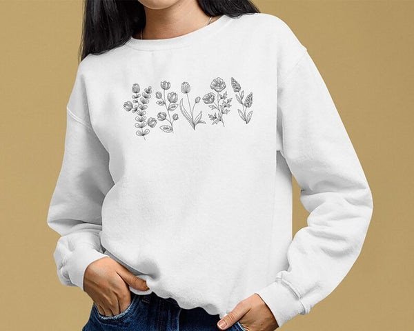 Flower Sweatshirt, Wildflowers Embroidered Crewneck Sweatshirt, Unisex Sweater, Birth Month Flowers Cottagecore Plants Jumper, Gift for Her