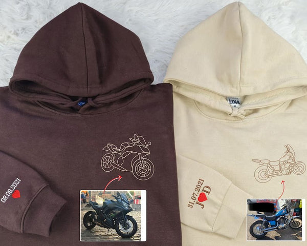 Bike Portrait Embroidered Photo Hoodie, Personalised Motor Bike Sketch from Photo Hoody, Couple Matching Initial Hooded Jumper, Gift for Him