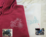 Bike Portrait Embroidered Photo Hoodie, Personalised Motor Bike Sketch from Photo Hoody, Couple Matching Initial Hooded Jumper, Gift for Him