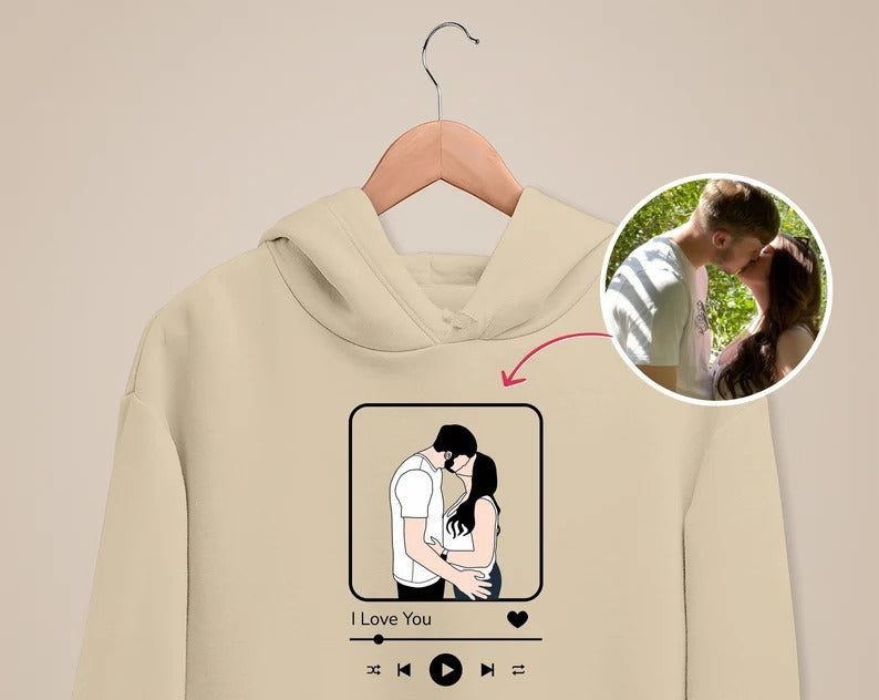 Custom Album Cover Photo Hoodie, Personalised Song Plaque With Couple Image Sketch Jumper, Matching Couple Sweater, Valentines Gift For Him