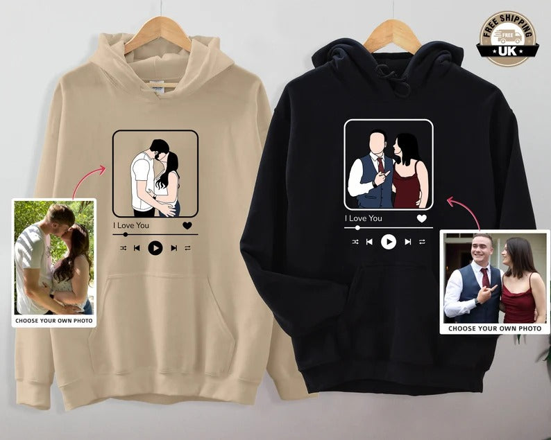 Custom Album Cover Photo Hoodie, Personalised Song Plaque With Couple Image Sketch Jumper, Matching Couple Sweater, Valentines Gift For Him