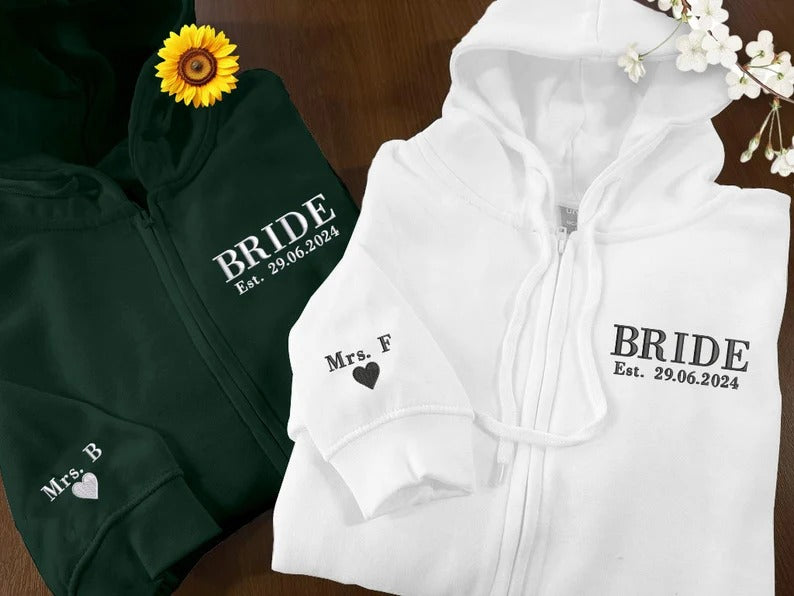 Bride Zip Up Hoodie, Custom Embroidered Wifey Hooded Sweater, Couple Matching Initials Anniversary Jumpers, Bridal Shower Hen Do Party Gifts