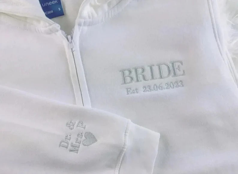 Bride Zip Up Hoodie, Custom Embroidered Wifey Hooded Sweater, Couple Matching Initials Anniversary Jumpers, Bridal Shower Hen Do Party Gifts