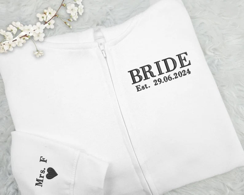 Bride Zip Up Hoodie, Custom Embroidered Wifey Hooded Sweater, Couple Matching Initials Anniversary Jumpers, Bridal Shower Hen Do Party Gifts