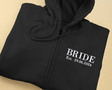 Bride Zip Up Hoodie, Custom Embroidered Wifey Hooded Sweater, Couple Matching Initials Anniversary Jumpers, Bridal Shower Hen Do Party Gifts