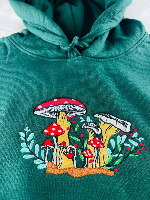 Aesthetic Mushrooms Embroidered Hoodie, Botanical Magic Mushrooms Art Nature Pullover Sweatshirt, Forest Fungi Shroom Cottagecore Unisex Top