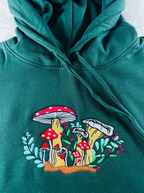 Aesthetic Mushrooms Embroidered Hoodie, Botanical Magic Mushrooms Art Nature Pullover Sweatshirt, Forest Fungi Shroom Cottagecore Unisex Top