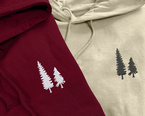 Embroidered Trees Nature Hoodie, Pine Tree Comfort Color Stitching Unisex Hooded Sweatshirt, Minimalist Cute Tree Forest Jumper Gift for Her