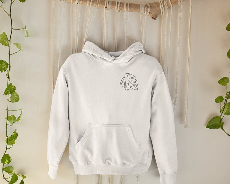 Monstera Plant Embroidered Hoodie, Botanical Monstera Plant Minimalist Sweatshirt, Plant Nature Line Art Hoody, Houseplant Gardening Gifts