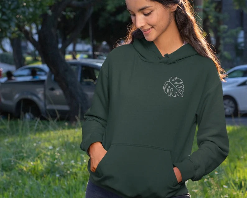 Monstera Plant Embroidered Hoodie, Botanical Monstera Plant Minimalist Sweatshirt, Plant Nature Line Art Hoody, Houseplant Gardening Gifts